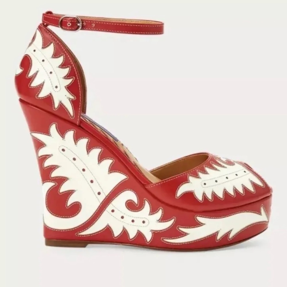 RALPH LAUREN Red Leather Western Southwestern Cowboy Heel Wedges 7B RARE!